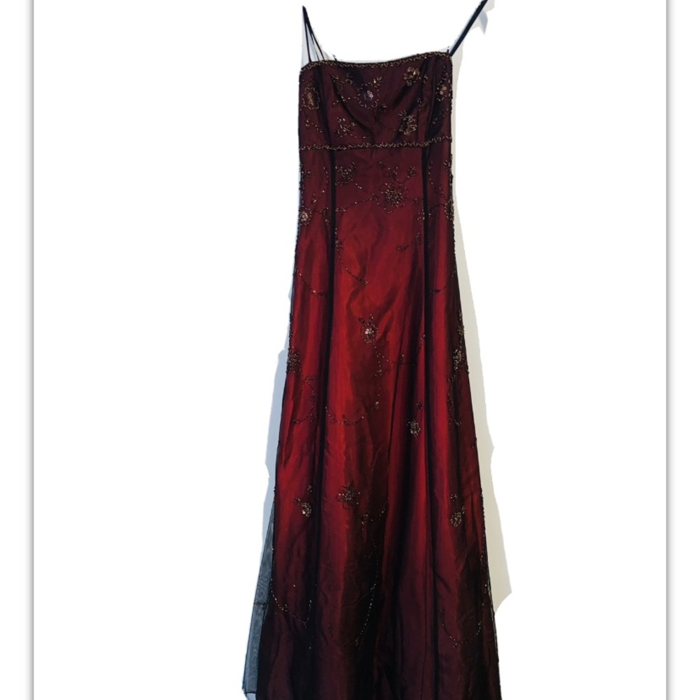 Deep red  and black formal gown with beading
